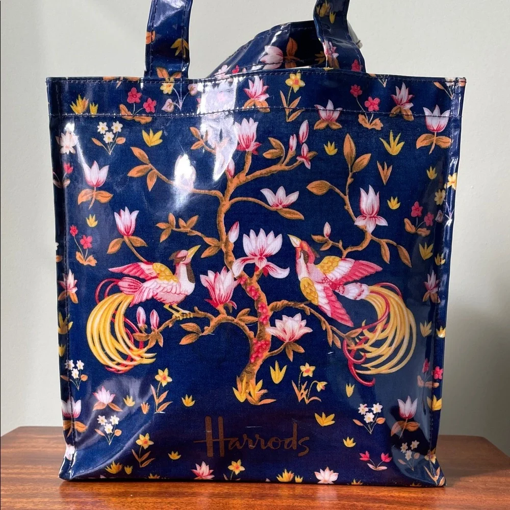 Rare Vintage Harrods Navy Vinyl Birds and Floral Tote - Picture 1 of 6
